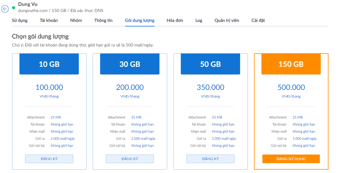 Đổi gói dịch vụ Business Email