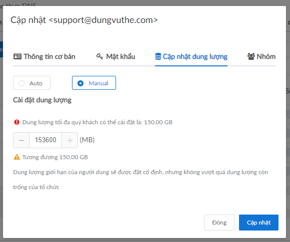 Cập nhật dung lượng